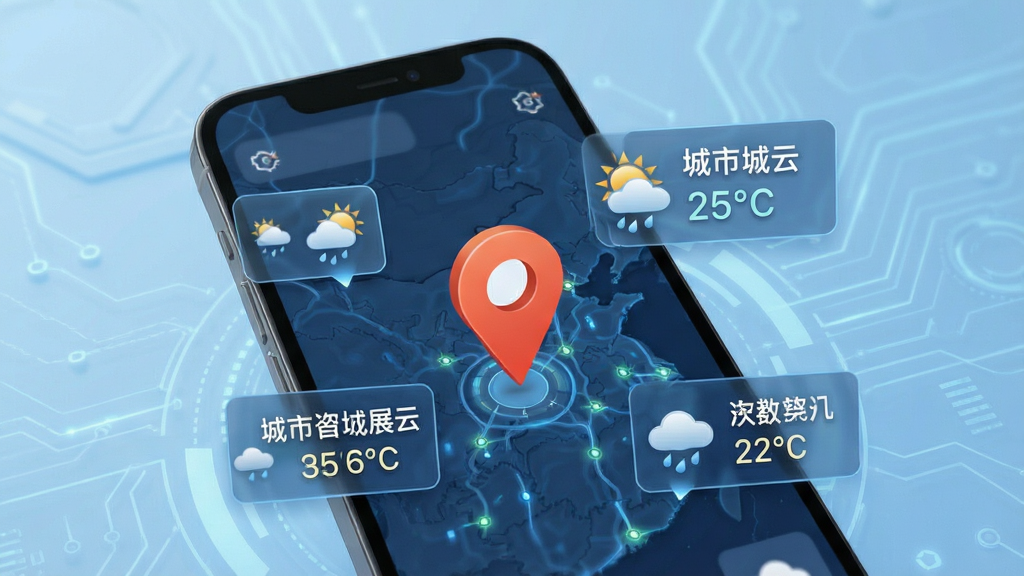 舒云天气智能定位功能展示,手机屏幕显示地图定位标记,周围有天气图标浮动,城市名称和温度信息清晰可见,背景为淡蓝色科技感风格,布局简洁明了,画质细腻,无多余元素