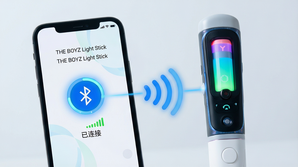 主体:手机与THE BOYZ应援棒蓝牙连接成功界面,屏幕显示“已连接”状态。布局:手机与应援棒并排展示,两者之间用蓝色蓝牙信号波纹连接。排版:界面简洁,连接状态图标高亮。风格:科技感与清新风结合。细节:屏幕中显示“THE BOYZ Light Stick”字样,蓝牙图标与信号强度条清晰可见。画质:高清,干净,无多余元素。