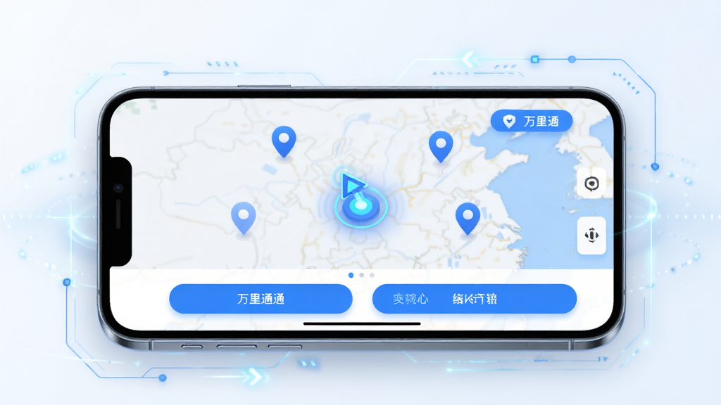 主体:模拟定位万里通APP界面展示,手机屏幕显示地图与定位光标,布局:居中构图,手机模型占画面主体,周围有简洁的科技感光效,排版:界面元素清晰,功能按钮排列有序,风格:现代扁平化结合轻拟物,色彩以蓝白为主,细节:地图上有标记点,光标闪烁,画质:4K高清,干净,无多余元素