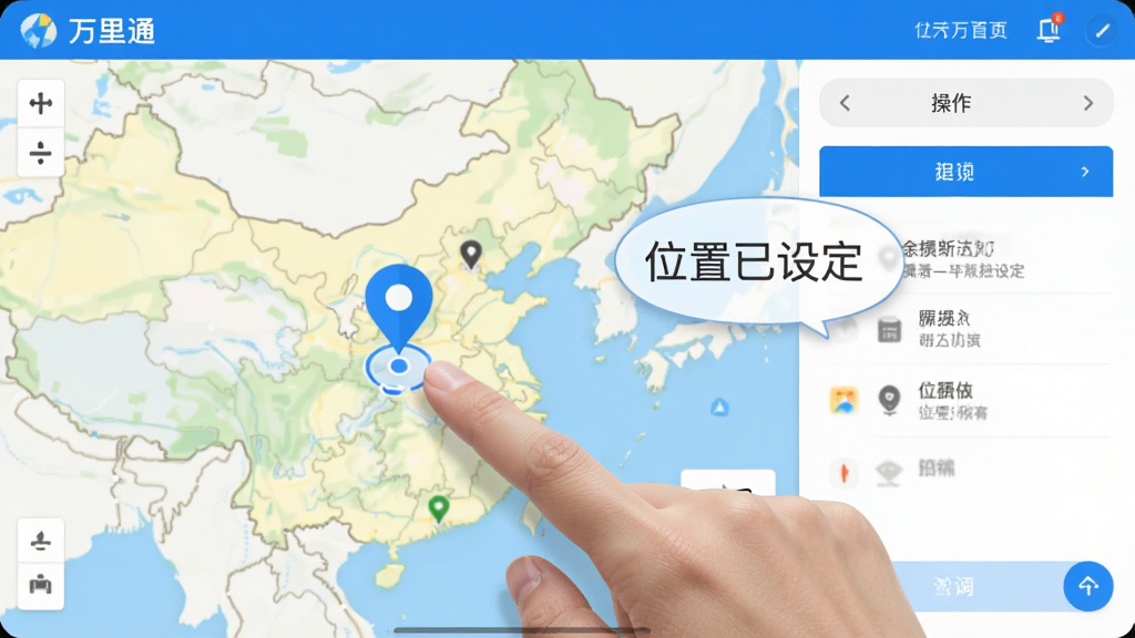 主体:模拟定位万里通操作界面,手指点击地图选点,布局:左侧地图,右侧操作面板,排版:提示气泡显示“位置已设定”,风格:清新简洁,细节:地图上显示蓝色定位标记,画质:高清,干净,无多余元素