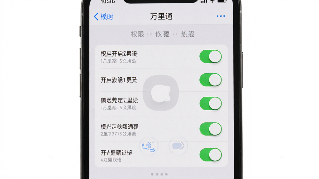 主体:手机屏幕显示模拟定位万里通设置界面,布局:屏幕中央显示权限开启列表,排版:每个权限项后都有开关按钮,风格:浅色背景,细节:开关处于绿色开启状态,画质:清晰,干净,无多余元素