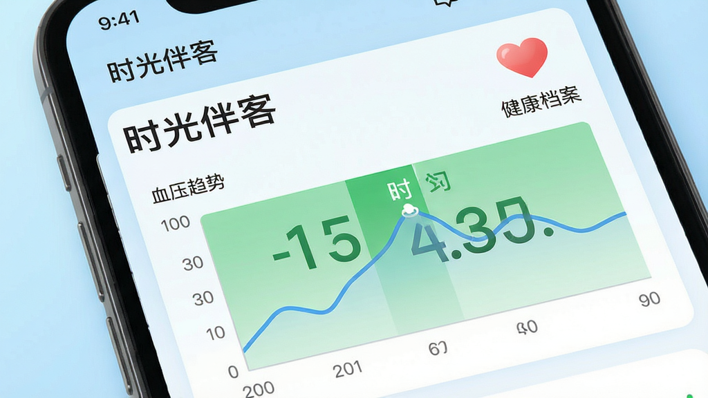 健康管理界面特写,手机屏幕显示“时光伴客”健康数据图表,折线图展示血压趋势,绿色正常范围区域,界面简洁清晰,大字号数字,背景为浅蓝色渐变,配有心形图标和“健康档案”文字,整体风格干净专业,画质高清,无多余元素。