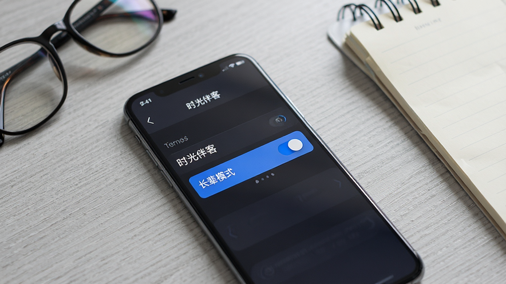 一部智能手机平放在桌面,屏幕显示“时光伴客”设置页面,高亮显示“长辈模式”开关,旁边有老花镜和记事本,背景为浅灰木质桌面,画面简洁,文字清晰,风格干净明亮,画质高清。