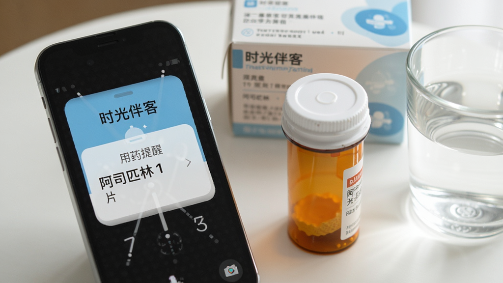 手机闹钟与药瓶组合场景,屏幕显示“时光伴客”用药提醒卡片,上面写着“阿司匹林 1片”,背景为白色桌面,旁边摆放药盒和一杯水,光线柔和,文字清晰,风格写实温馨,画质干净,无多余元素。