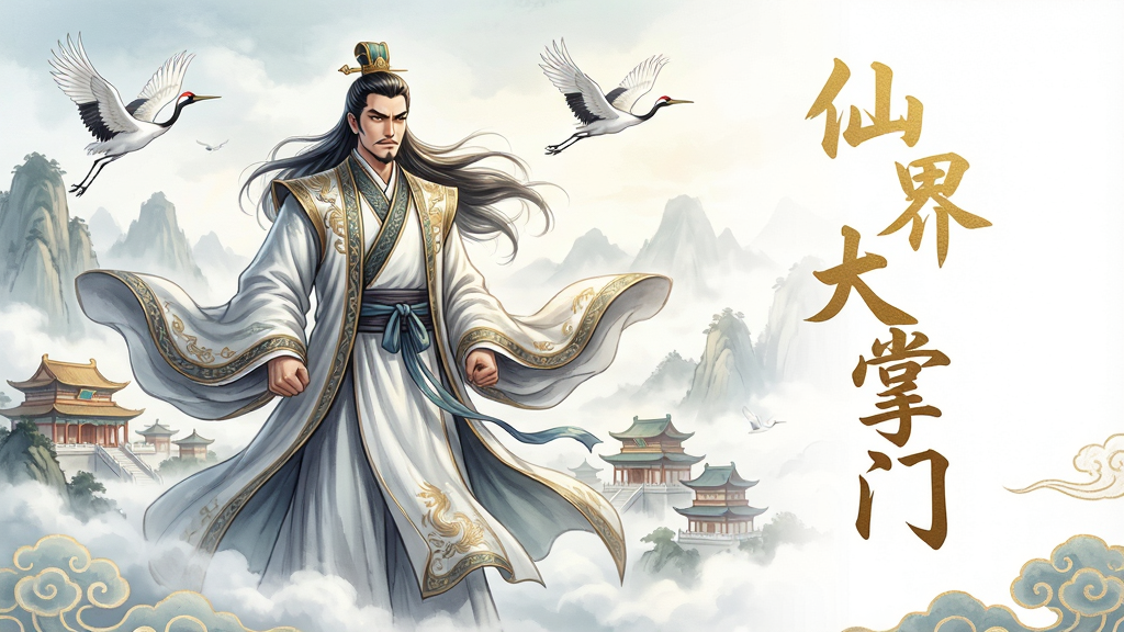 主体:一位身着华丽仙袍的掌门角色,站在云雾缭绕的仙山之巅,俯瞰着脚下的仙宫楼阁。布局:角色居中偏左,右侧留白处用金色毛笔字体竖排写着“仙界大掌门”五个大字。排版:整体采用中国风对称式构图,下方辅以祥云纹样。风格:细腻的国风水墨渲染,色彩清丽,光影柔和。细节:仙袍随风飘动,发丝根根分明,眼神坚定有神;背景中的仙鹤展翅飞过,山峦若隐若现。画质:8K超高清,细节丰富,色彩过渡自然,画面干净,无多余元素。