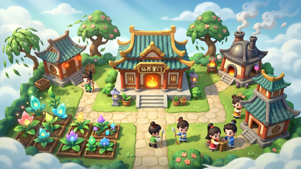 主体:游戏《仙界大掌门》的洞府经营场景。布局:画面呈现一个云雾缭绕的仙家洞府,中央是主殿,两侧分布着灵田、丹房、器阁等建筑,几位Q版弟子正在忙碌。排版:建筑布局错落有致,道路清晰,整体俯瞰视角。风格:清新明亮的国风卡通风格,色彩温暖。细节:灵田中种植着发光的仙草,丹房烟囱冒着热气,弟子们有各自的劳作动作,树木花草随风摇曳。画质:4K高清,画面干净通透,细节生动有趣。