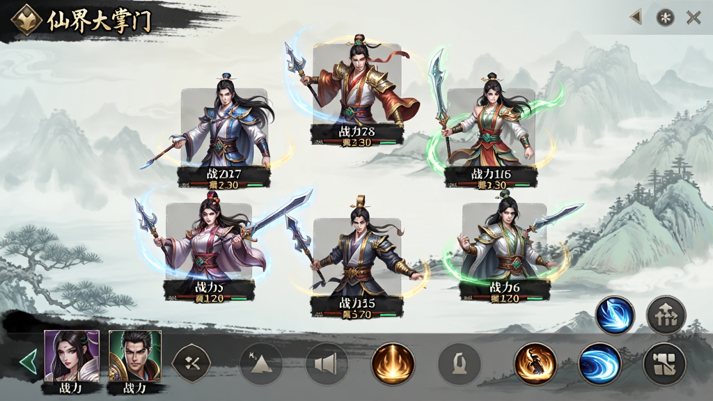 主体:游戏《仙界大掌门》的阵容编队界面。布局:画面中央是五名不同职业的角色立绘,排列成十字形战斗阵型,界面下方是角色切换与技能按键。排版:UI界面采用半透明水墨风格,角色立绘下方有对应的名字与战力数值。风格:现代感与古风结合,色彩鲜明,层次分明。细节:立绘精细,角色服饰纹理清晰,技能图标带有流光特效,背景是淡雅的山水画。画质:高分辨率,UI清晰,光影效果柔和,画面干净整洁。