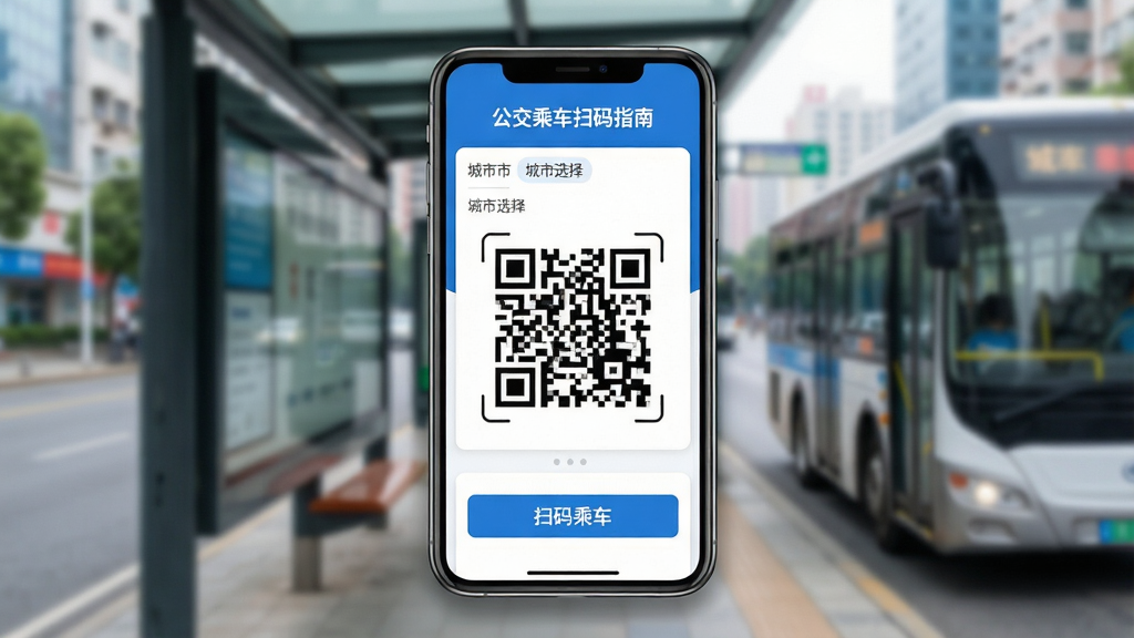 主体:一部智能手机屏幕显示“公交乘车扫码指南”应用界面,背景为模糊的城市公交站台。布局:手机居中,屏幕内展示清晰的乘车二维码和城市选择列表,周围留白。排版:界面层次分明,顶部为应用名称,中部为二维码,底部为功能按钮。风格:现代扁平化设计,色彩以蓝色和白色为主,干净明亮。细节:二维码图案清晰,按钮上有“扫码乘车”文字,手机边缘有柔和阴影。画质:高清渲染,干净无多余元素。