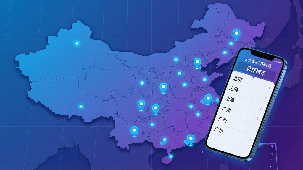 主体:一张中国地图背景,上面分布着多个发光定位点,前景是一部手机显示“公交乘车扫码指南”的城市选择列表。布局:地图占满背景,手机悬浮在右下角,屏幕列表中有“北京”、“上海”、“广州”等城市名称。排版:地图简洁,城市点以蓝色圆点标识,手机屏幕清晰显示列表。风格:科技感插画,蓝紫色渐变色调。细节:城市名称文字清晰,手机屏幕顶部有“选择城市”字样,地图有淡淡网格线。画质:高分辨率,干净无多余元素。