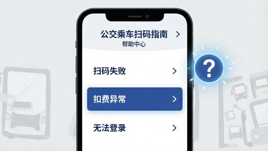 主体:一个智能手机屏幕显示“公交乘车扫码指南”的“帮助中心”页面,右侧悬浮一个问号图标。布局:手机居中,屏幕内容从上到下依次为“扫码失败”、“扣费异常”、“无法登录”等条目。排版:列表清晰,每条目右侧有箭头图标。风格:简洁的扁平化插画,背景为浅灰色,文字为深蓝色。细节:选中条目高亮显示,问号图标带有发光效果。画质:干净,无多余元素。