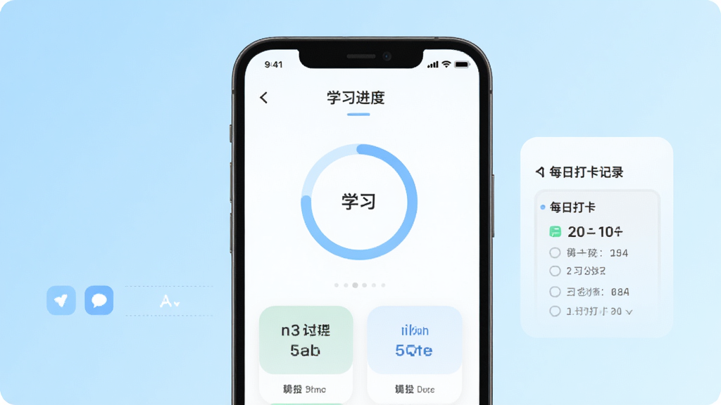 一叶单词主界面预览图,展示APP首页的单词卡片、学习进度环和每日打卡记录,背景为清新的浅蓝色渐变,卡片采用圆角设计,整体排版简洁明了,风格扁平化,细节精致,画质高清,干净无多余元素