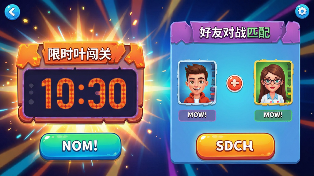 一叶单词趣味挑战模式截图,展示限时闯关的倒计时界面和好友对战匹配界面,色彩鲜艳,按钮设计醒目,背景为动感的光效,风格活泼,画质高清,干净无多余元素