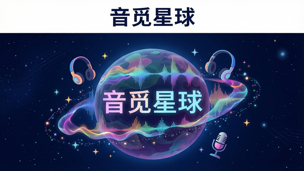 主视觉图:一个充满科技感与梦幻色彩的星球悬浮在深蓝色宇宙中,星球表面由流动的光波与音频频谱构成,色彩斑斓,周围环绕着微小的星光粒子与耳机、麦克风等元素。画面中央用发光字体写着