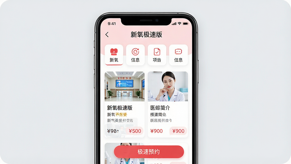 主体:新氧极速版APP界面展示,手机屏幕清晰显示“新氧极速版”字样及医美项目列表。布局:手机居中,屏幕内容以列表形式呈现,包含医院图片、医生简介、价格信息,整体排列整齐。排版:上方为APP名称“新氧极速版”,下方为功能图标与信息卡片,留白适中。风格:现代扁平化设计,主色调为白色与浅粉色,搭配红色点缀。细节:屏幕中突出“极速预约”按钮,背景为淡灰色,突出手机主体。画质:高清,干净,无多余元素。