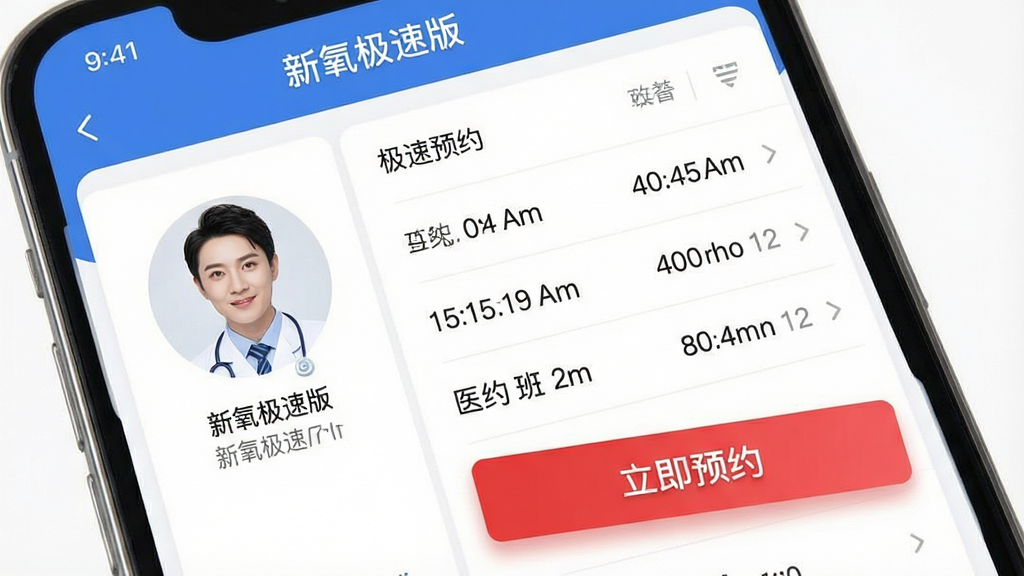 主体:新氧极速版APP的“极速预约”功能界面,手机屏幕显示医生排班表与预约按钮。布局:屏幕左侧为医生头像与职称,右侧为可预约时间段,底部为红色“立即预约”按钮。排版:信息层级分明,时间表以列表样式呈现,按钮醒目。风格:清新简洁,以白色为背景,蓝色与红色作为强调色。细节:屏幕上方显示“新氧极速版”字样,预约按钮带有阴影效果。画质:高清,干净,无多余元素。
