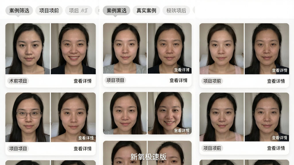 主体:新氧极速版APP的“真实案例”页面,展示多张术前术后对比图。布局:页面以九宫格形式排列案例卡片,每张卡片包含用户照片与项目标签。排版:顶部为案例筛选标签,下方为瀑布流式案例展示,图片占比大。风格:真实自然,色调柔和,突出用户真实感。细节:每张案例图片右下角有“查看详情”字样,页面底部有“新氧极速版”水印。画质:高清,干净,无多余元素。