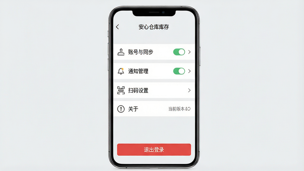 主体:手机竖屏显示“安心仓库库存”设置页面,背景为浅灰色。布局:设置项列表,包含“账号与同步”“通知管理”“扫码设置”“关于”。排版:每个设置项右侧有开关或跳转箭头。风格:清爽简洁,图标线性风格。细节:当前版本号显示在“关于”栏,页面底部有“退出登录”红色按钮。画质:超高清,干净,无多余元素。