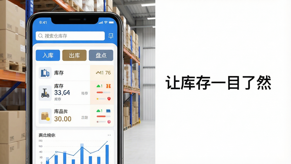 主体:手机屏幕展示“安心仓库库存”主界面,背景为整洁的现代仓库货架。布局:左侧为软件界面特写,右侧留白配以简洁文案“让库存一目了然”。排版:界面元素清晰,商品列表、库存数量、预警标识用不同颜色区分。风格:扁平化设计,蓝白主色调,商务简洁。细节:界面显示“入库”“出库”“盘点”功能按钮,顶部有搜索栏,底部有统计图表。画质:超高清,干净,无多余元素。