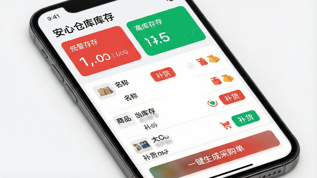 主体:手机界面显示“安心仓库库存”的库存预警列表,红色标注低库存商品,绿色标注高库存商品。布局:上方为统计卡片,下方为商品预警明细列表。排版:每个商品行显示名称、当前库存、预警状态图标。风格:清爽数据可视化风格,红绿对比鲜明。细节:商品名称旁有“补货”按钮,底部有“一键生成采购单”按钮。画质:超高清,干净,无多余元素。