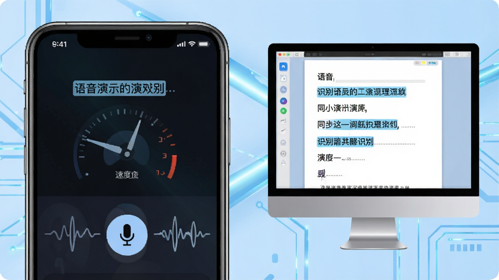功能演示图,主体为手机语音输入界面与电脑文档同步显示效果,手机端有麦克风图标和波浪纹,电脑端文字逐字出现,布局上下呼应,排版直观,浅蓝色科技背景,细节包含识别文字高亮、速度指针,画质干净,无多余元素