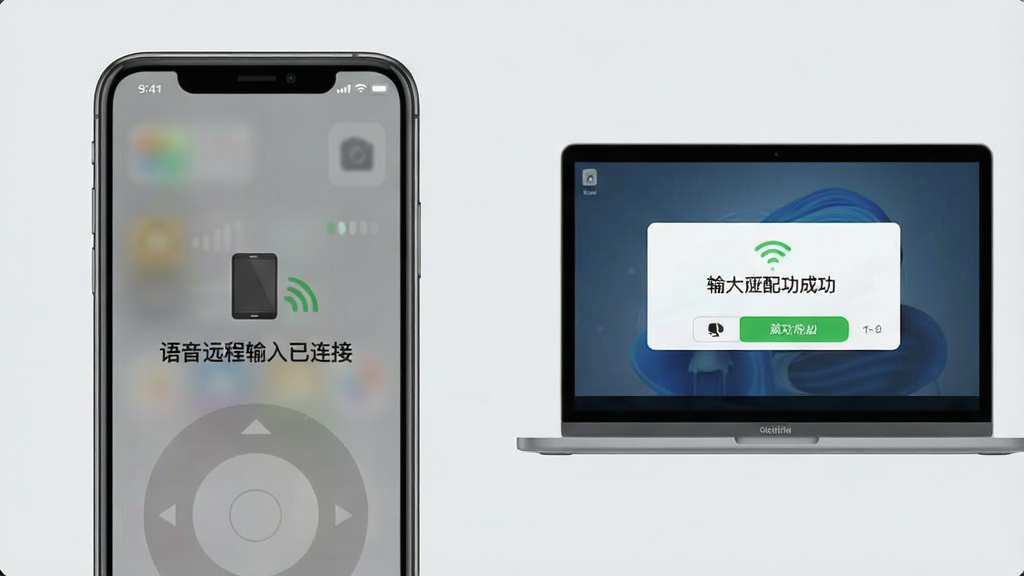 界面截图风格,主体为手机与电脑配对成功的界面,手机端显示“语音远程输入已连接”状态,电脑端弹出配对成功提示框,布局左右对称,排版清晰,浅灰色背景,细节包含设备图标、信号强度标识,画质干净,无多余元素