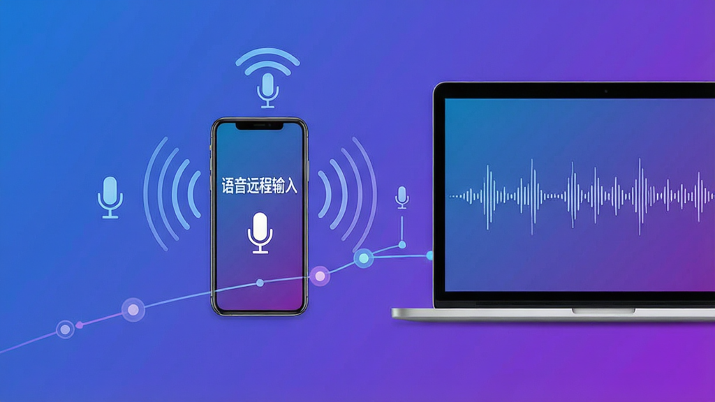 一幅现代科技感风格的宣传海报,主体为智能手机与笔记本电脑的互联画面,手机屏幕上显示“语音远程输入”字样,周围有无线信号波纹和麦克风图标,布局居中,排版简洁大气,蓝紫色渐变背景,细节包含语音波形、连接节点,画质高清,干净无多余元素