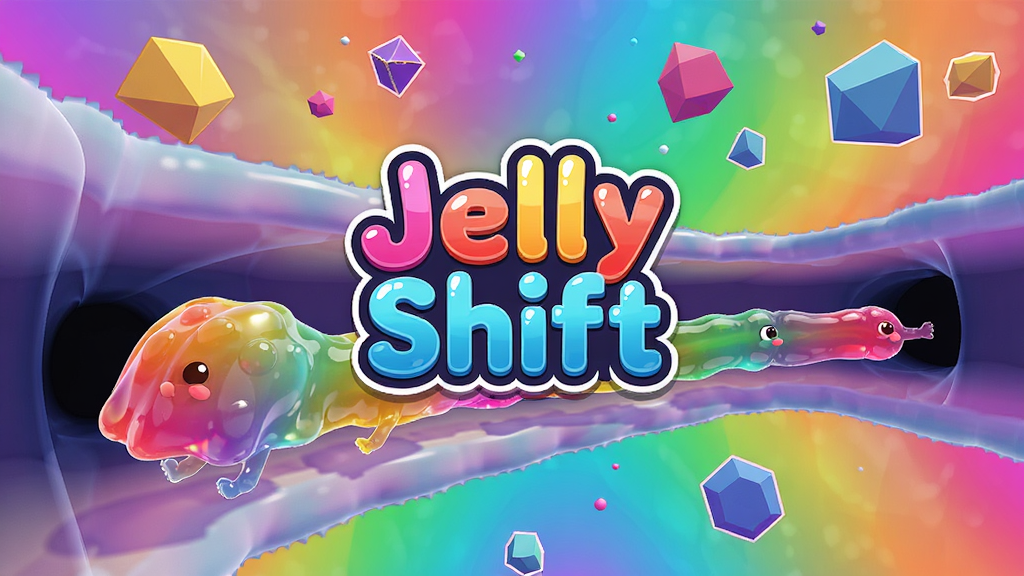 Jelly Shift游戏主视觉图,展示一团彩色果冻在奇幻关卡中变形成长条形穿过狭窄通道,背景有鲜艳的渐变色彩与漂浮的几何障碍物,画面中央显示游戏LOGO“Jelly Shift”,整体风格卡通活泼,细节丰富,画质高清,干净无多余元素