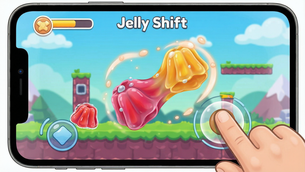 Jelly Shift游戏操作演示图,展示手指按住屏幕使果冻变形的瞬间,屏幕上有动态效果,背景为关卡场景,风格卡通,画质清晰,干净无多余元素