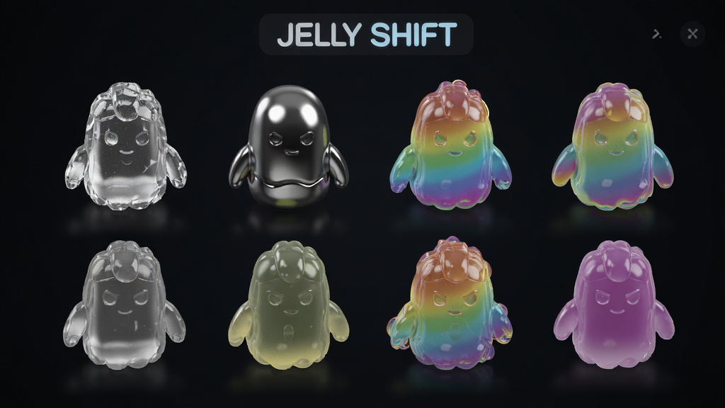 Jelly Shift果冻皮肤展示界面,展示多个不同颜色和材质的果冻角色,如透明水晶、金属、彩虹等,背景为深色,界面整洁,画质高清,干净无多余元素