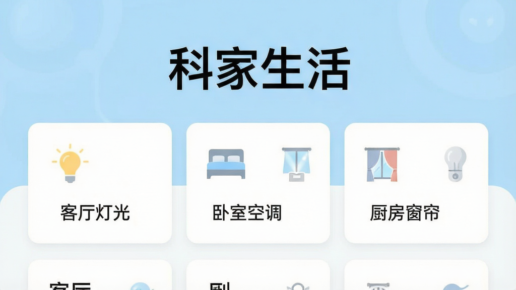 һ��չʾ�Ƽ�����APP������ĸ����ͼ���������Լ�ִ�����ǳ��ɫ�Ͱ�ɫΪ��ɫ����������ʾ���Ƽ�����ĸ����֣��м������Կ�Ƭʽ�������������š������ƹ⡱�������ҿյ��������������������豸����ģ�飬���岼����ˬ�����ʸɾ����޶���Ԫ�أ�ͻ�����ܼҾӵĿƼ������������ԡ�