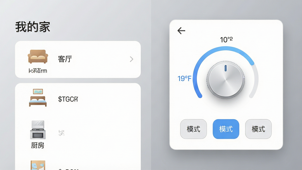 һ�ſƼ�����APP���豸�����������ͼ����������ǡ��ҵļҡ������б����������������ҡ�������ͼ�꣬�Ҳ�չʾ��һ�����ܿյ��Ŀ�����壬��������¶ȵ�����ť��ģʽѡ�񰴼�������������͵Ľ����ɫ���Ű���������дʵ�������������ɾ��޶���Ԫ�ء�