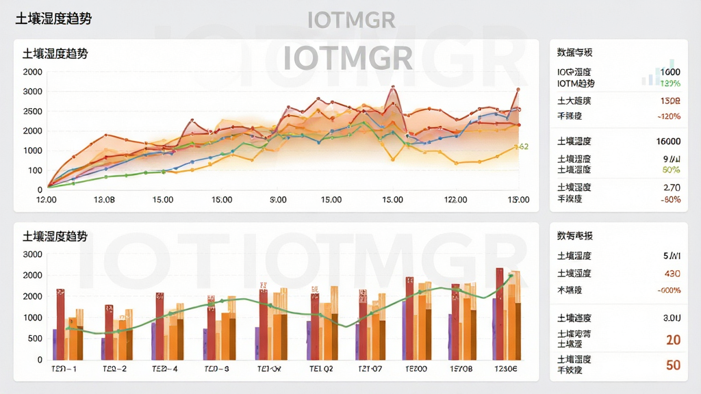 主体:IOTMGR的数据报表页面,包含多个彩色折线图与柱状图。布局:图表自上而下排列,每个图表右侧有数据摘要卡片。排版:数据标签清晰,横纵轴刻度明确,使用暖色调区分不同参数。风格:商务数据可视化风格,背景为浅灰色。细节:图表上方有“IOTMGR”水印,显示“土壤湿度趋势”等标题。画质:高清晰度,干净,无多余元素。