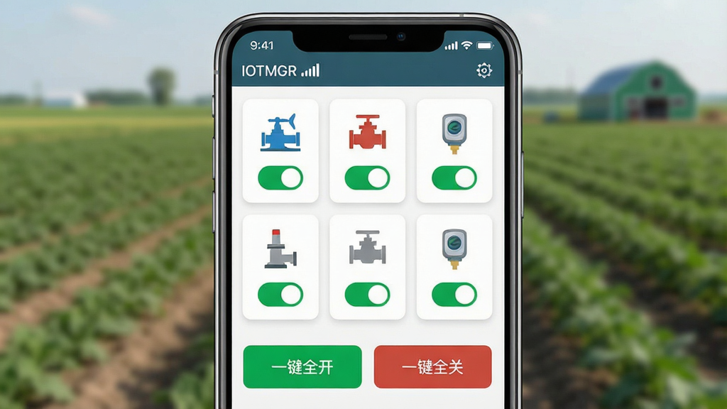 主体:手机屏幕展示IOTMGR的设备控制面板,背景为模糊的农田实景。布局:手机位于画面中央,屏幕上显示多个设备图标(水泵、阀门、传感器),每个图标带有开关状态。排版:设备以网格形式排列,底部有“一键全开”“一键全关”按钮。风格:写实与UI结合,突出远程操控的便捷性。细节:屏幕左上角显示“IOTMGR”,网络信号图标为满格。画质:清晰,干净,无多余元素。