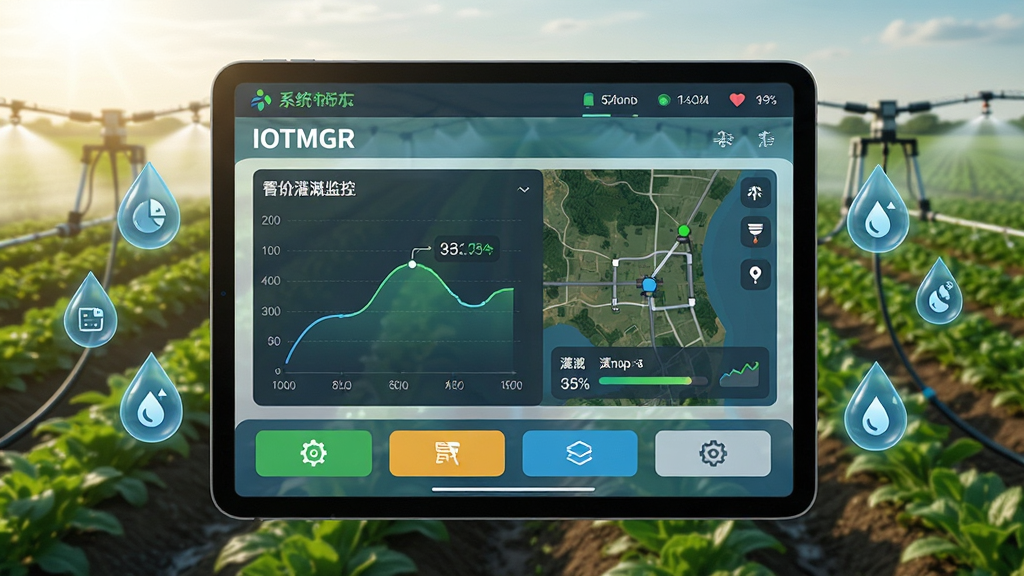 主体:IOTMGR智能灌溉系统界面在平板电脑上显示,背景是广阔的绿色农田与智能喷灌设备。布局:平板位于画面中央,界面显示实时土壤湿度曲线与灌溉进度,周围环绕着水滴状的数据图标。排版:界面信息分层清晰,顶部为系统状态栏,中部为地图监控,底部为功能按钮。风格:现代科技感结合农业自然风,色彩明亮清新。细节:平板屏幕中标注“IOTMGR”字样,农田远处有自动喷头正在作业,阳光洒落。画质:超高清,干净,无多余元素。