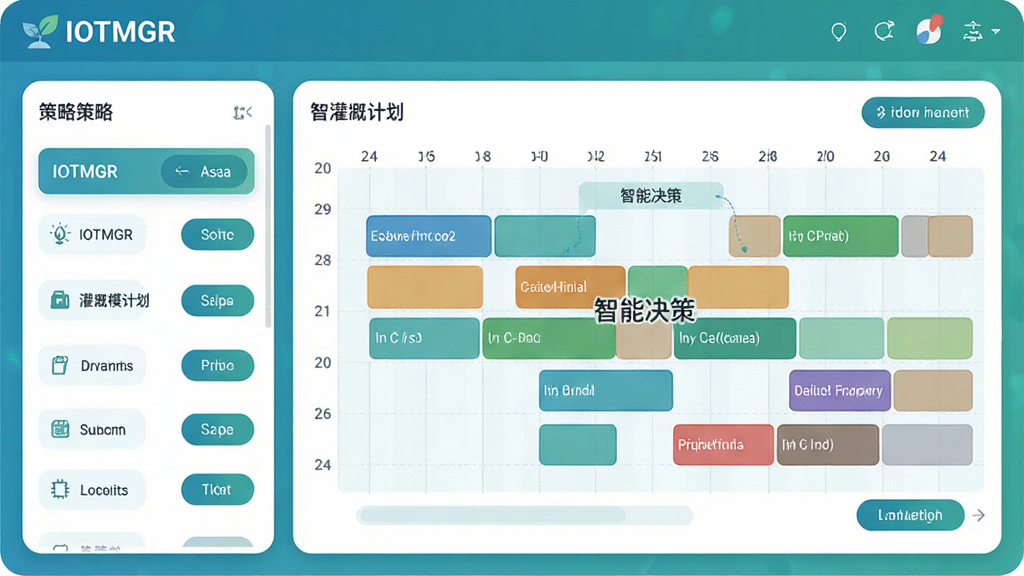 主体:IOTMGR软件的策略设置页面,展示复杂的灌溉计划时间轴。布局:左侧为策略列表,右侧为24小时时间轴图表,不同颜色块代表不同灌溉模式。排版:图表采用圆角卡片式设计,交互按钮清晰。风格:扁平化设计,蓝绿色调,体现科技与生态的融合。细节:屏幕顶部有“IOTMGR”品牌标识,时间轴上标注“智能决策”字样。画质:高分辨率,干净,无多余元素。