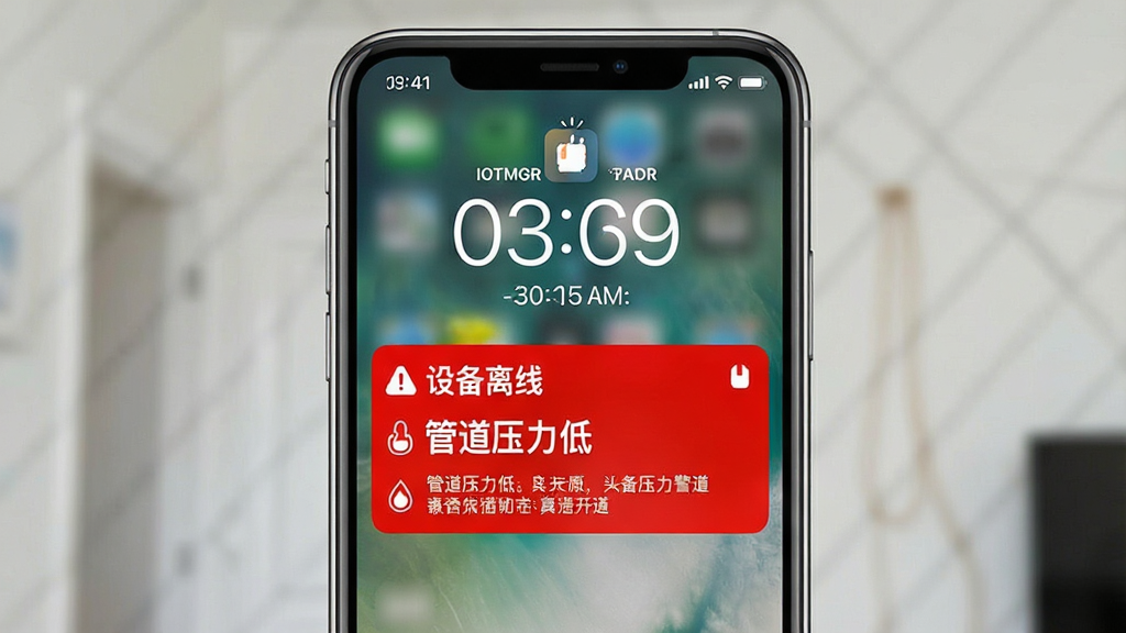 主体:智能手机接收IOTMGR报警通知的锁屏界面。布局:手机居中,屏幕显示红色报警卡片,包含“设备离线”“管道压力低”等警告信息。排版:通知卡片采用醒目红色背景,文字白色加粗。风格:简洁直观,强调紧迫感。细节:手机顶部状态栏显示“IOTMGR”应用图标,报警时间清晰可见。画质:细腻,干净,无多余元素。