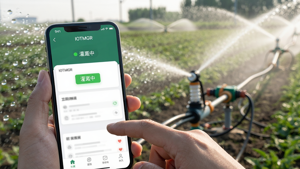 主体:用户正在田间使用手机操作IOTMGR应用,背景为自动灌溉喷头正在喷水。布局:手机占据前景,屏幕清晰显示“IOTMGR”主界面,背景为农田与喷灌设备。排版:突出手机屏幕内容,周围环境简洁。风格:写实摄影风格,光线自然。细节:手机屏幕上有绿色“灌溉中”状态标识,水珠在阳光下晶莹剔透。画质:高清,干净,无多余元素。