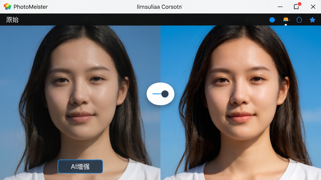 主体:PhotoMeister软件中AI修图功能演示,左侧为原始照片,右侧为AI优化后的照片,人物肤色自然,背景天空湛蓝。布局:左右对比视图,中间有切换按钮。排版:简洁明了,对比强烈。风格:写实、明亮、专业。细节:照片下方显示“AI增强”按钮,人像面部细节清晰,色彩饱满。画质:高清,干净,无多余元素。