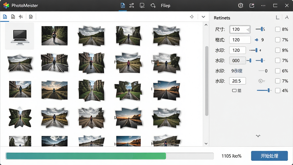主体:PhotoMeister批量处理界面,左侧文件列表显示多张图片,右侧设置面板有尺寸、格式、水印选项,下方进度条正在运行。布局:文件列表与设置面板并排,进度条醒目。排版:简洁直观,信息密集。风格:务实、高效、工具化。细节:文件列表缩略图清晰,进度条显示百分比,界面有“开始处理”按钮。画质:高清,干净,无多余元素。