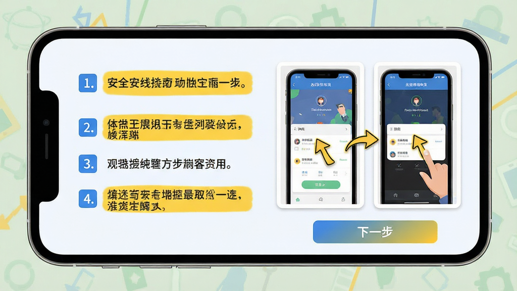 主体:一张手机屏幕展示安全专家在线的使用指南页面,图文并茂,包含步骤编号和箭头指示。布局:左边为步骤说明文字,右边为对应操作截图预览,底部有“下一步”按钮。排版:步骤文字使用蓝色数字编号,截图预览带白色边框,整体风格简洁友好。风格:扁平化设计,浅色背景,重点步骤用黄色高亮。细节:截图中界面清晰,箭头标注准确,无多余元素。画质:高分辨率,干净无冗余。