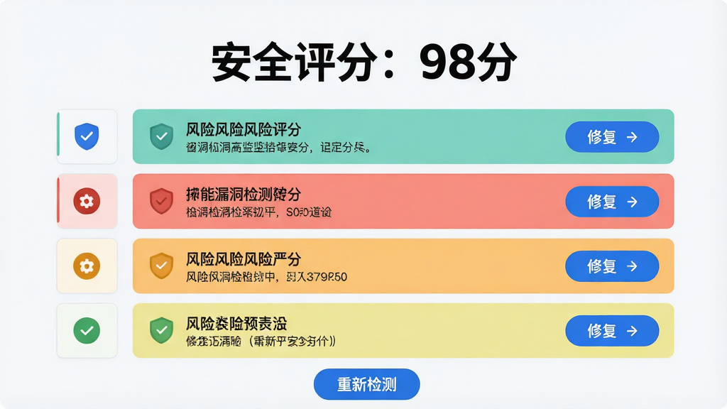 主体:安全专家在线应用内的智能漏洞检测结果页面,顶部显示“安全评分:98分”大数字,下方列出多个风险条目。布局:左侧为风险分类图标,右侧为详细描述与修复按钮,整体采用卡片式纵向排列。排版:评分数字使用大号粗体,风险条目用不同颜色区分严重程度,按钮为蓝色圆角样式。风格:界面简洁现代,浅色背景,重点信息高亮。细节:风险条目旁有盾牌小图标,修复按钮带有箭头符号,页面底部有“重新检测”按钮。画质:清晰锐利,无多余元素。