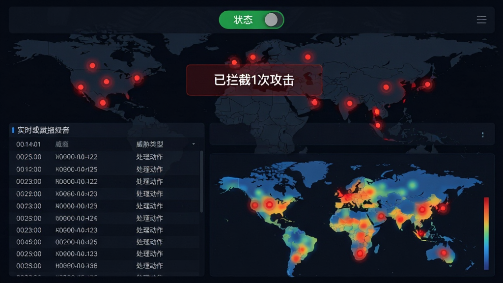 主体:安全专家在线实时防护界面,地图上分布着多个红色警报点,中央显示“已拦截1次攻击”提示。布局:上方为防护状态开关,中间为实时监控日志列表,下方为全球威胁态势图。排版:状态开关为绿色,日志条目按时间倒序排列,威胁态势图用热力图展示。风格:深色科技主题,红色和蓝色点缀,信息层级分明。细节:日志条目包含时间、威胁类型和处理动作,地图上的红点有脉冲动画。画质:高清渲染,无多余元素。