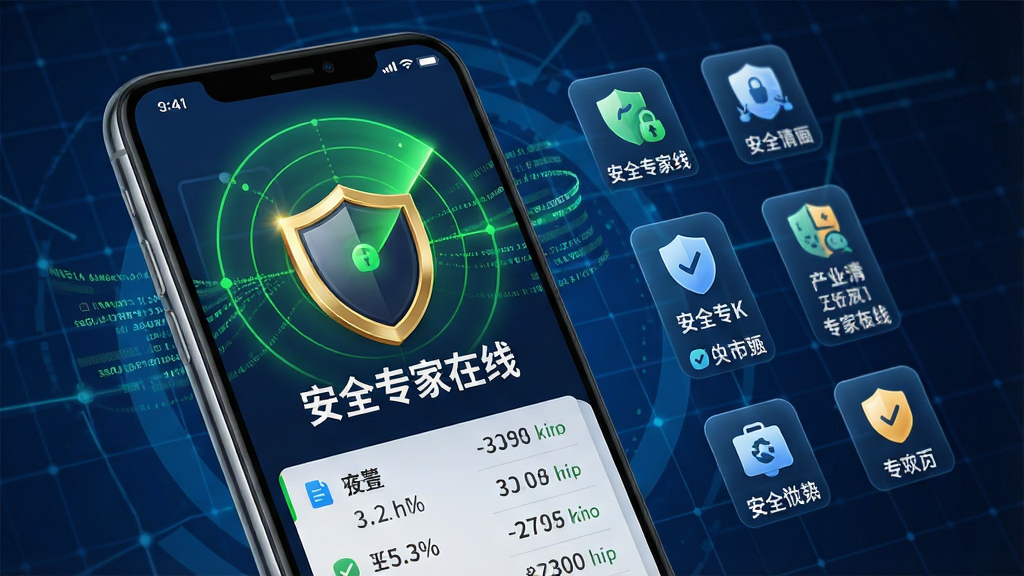 主体:一部智能手机屏幕展示安全专家在线主界面,界面中央有盾牌图标与“安全专家在线”字样,周围环绕扫描雷达与数据流动效果。布局:手机位于画面中心略偏左,右侧悬浮多个安全功能图标,背景为深蓝色科技感网格。排版:手机界面清晰显示功能列表,图标排列整齐,文字标签醒目。风格:写实与科技感结合,光线明亮,色彩对比强烈。细节:盾牌图标带有金色描边,扫描雷达发出绿色光圈,界面数字清晰可读。画质:8k超高清,干净无多余元素。