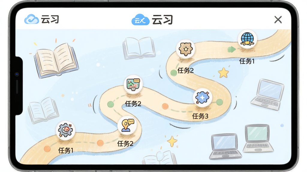 ���壺��ϰApp�ĸ��Ի�ѧϰ·���滮ҳ�棬��ʾһ�����ѵ�·����·�����ж���ڵ㣬ÿ���ڵ����һ��ѧϰ���񡣲��֣�·�������½����쵽���Ͻǣ��ڵ��ϴ���Сͼ�ꡣ�Ű棺·���������ڵ��ע������1��������2�������֡�����ֻ�廭�磬���ɫ�ʡ�ϸ�ڣ�·�������е������鱾�����Ե�ѧϰԪ��ͼ�꣬�����С���ϰ��logo�����ʣ����壬�ɾ����޶���Ԫ�ء�