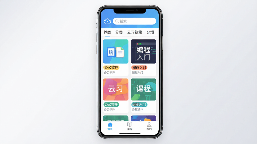 ���壺��ϰApp���ֻ��ϵĽ���չʾ�����������ǿγ��б�ҳ�棬�������������ͷ��ർ�������֣��ֻ��������У�����Ϊǳ��ɫ���䣬�ֻ���Ļ����ʾ��ɫ�γ̷�������ͼ���Ű棺�ֻ���Ļռ��70%����Χ���ף��γ̿�Ƭ�������С�����ִ���ƽ����ɫ���������¡�ϸ�ڣ���Ļ����ʾ����ϰ������logo���γ̿�Ƭ���С��칫��������������š��ȱ�ǩ���ײ��еײ�����������������ҳ�����γ̡����ҵġ�����ͼ�ꡣ���ʣ����壬�ɾ����޶���Ԫ�ء�