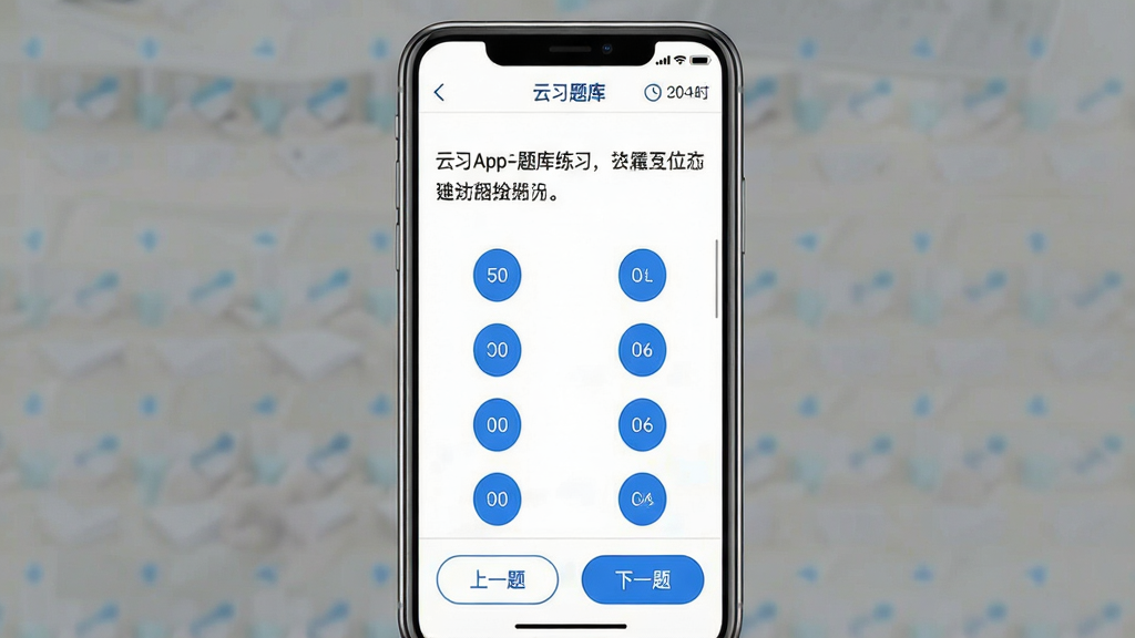 ���壺��ϰApp�������ϰ���棬��ʾһ��ѡ���⣬��Ļ�·���ѡ�ť�����֣��ֻ���������Ŀ���У�ѡ�����ţ��ײ��С���һ�⡱����һ�⡱��ť���Ű棺��Ŀ����������ѡ��ΪԲ�ΰ�ť����񣺼����ˬ���׵����֡�ϸ�ڣ���Ļ�����С���ϰ��⡱���������Ͻ���ʾ�����ʱ�������ʣ����壬�ɾ����޶���Ԫ�ء�
