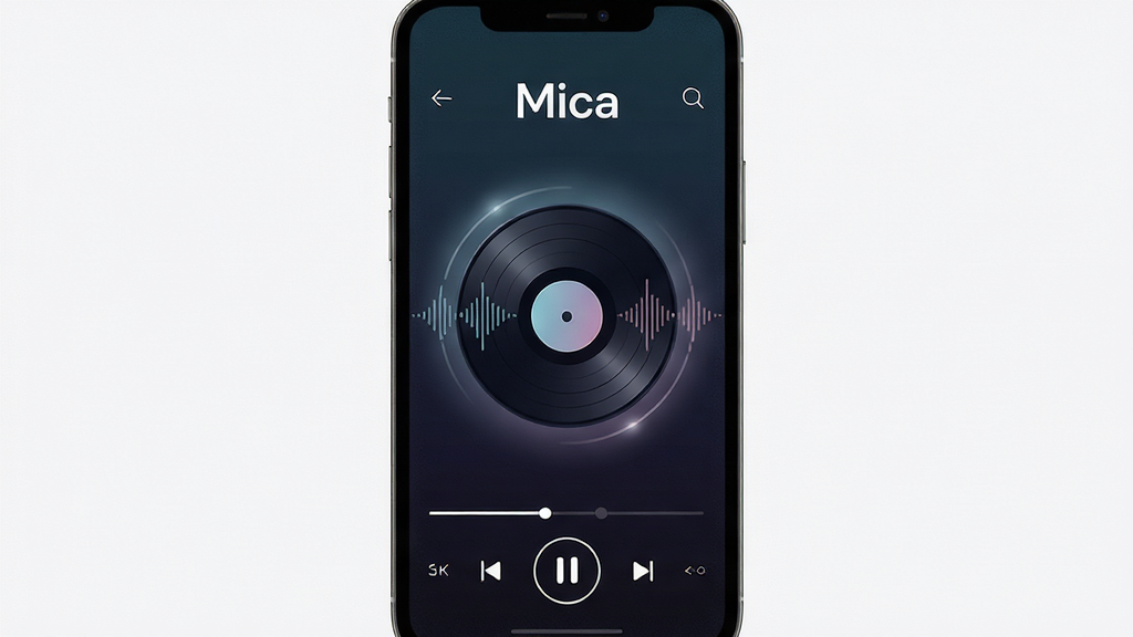 主体:一部智能手机屏幕显示Mica音乐播放器界面,界面以深色渐变背景为主,中央悬浮着圆形唱片动画。布局:手机居中,屏幕内容清晰可见,唱片周围有柔光效果,顶部显示“Mica”字样,底部排列播放控制按钮。排版:UI界面简洁现代,文字清晰,图标线性风格。风格:科技感与艺术感结合,扁平化设计搭配微光效。细节:唱片旋转时带出音波轨迹,界面边缘有细微噪点纹理,画质:4K高清,干净无多余元素。