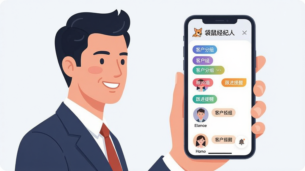 画面主体为一位职业经纪人手持手机,手机屏幕上显示“袋鼠经纪人”的客户管理界面,界面中彩色标签分组展示客户头像与姓名。布局采用侧身构图,人物在画面左侧,手机屏幕朝向镜头。排版突出界面上的“客户分组”与“跟进提醒”字样。风格为现代商务插画风,细节包括人物微笑表情与手机界面圆角设计,画质干净、无多余元素。
