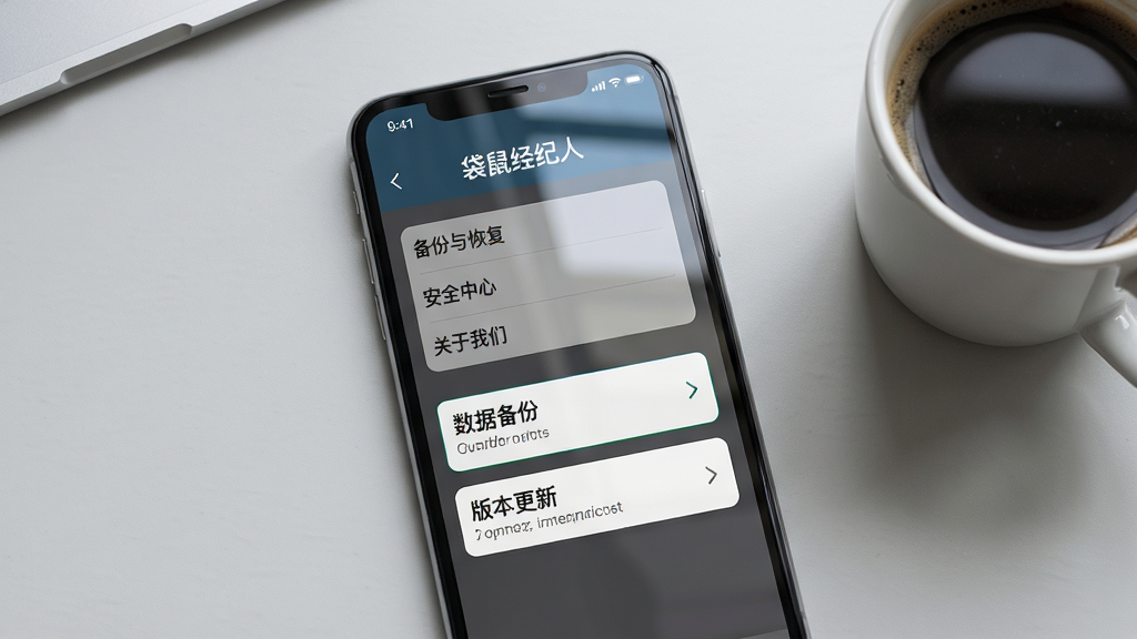 画面主体为手机屏幕显示“袋鼠经纪人”的设置页面,页面中有“备份与恢复”、“安全中心”、“关于我们”等菜单项。布局采用手机居中,背景为浅灰色桌面,旁边放有一杯咖啡。排版突出“数据备份”与“版本更新”选项。风格为写实摄影风,细节包括屏幕反光效果,画质干净、无多余元素。