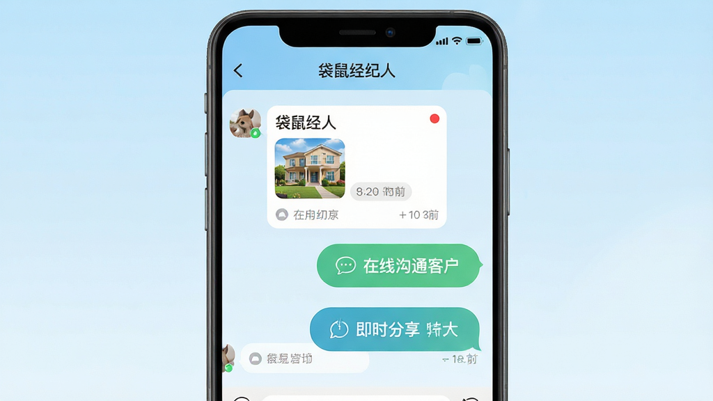 画面主体为聊天对话界面截图,界面顶部显示“袋鼠经纪人”名称,下方是经纪人发送的房源卡片与客户回复气泡。布局采用手机竖屏居中,背景为浅蓝色渐变。排版突出“在线沟通”与“即时分享”按钮。风格为清新自然风,细节包括未读消息红点与发送时间,画质干净、无多余元素。